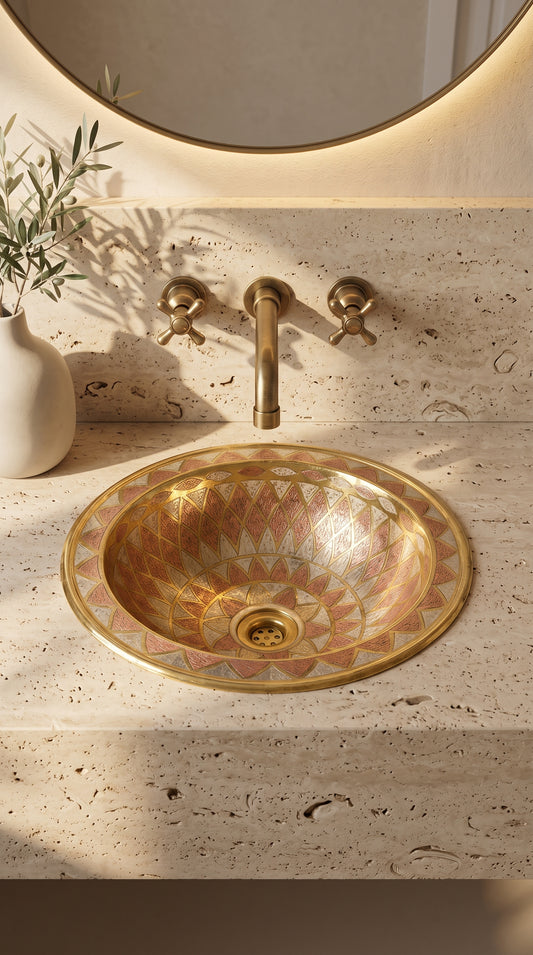 Round brass sink with copper and silver geometric patterns in a travertine vanity beneath a wall-mounted brass faucet and round backlit mirror.