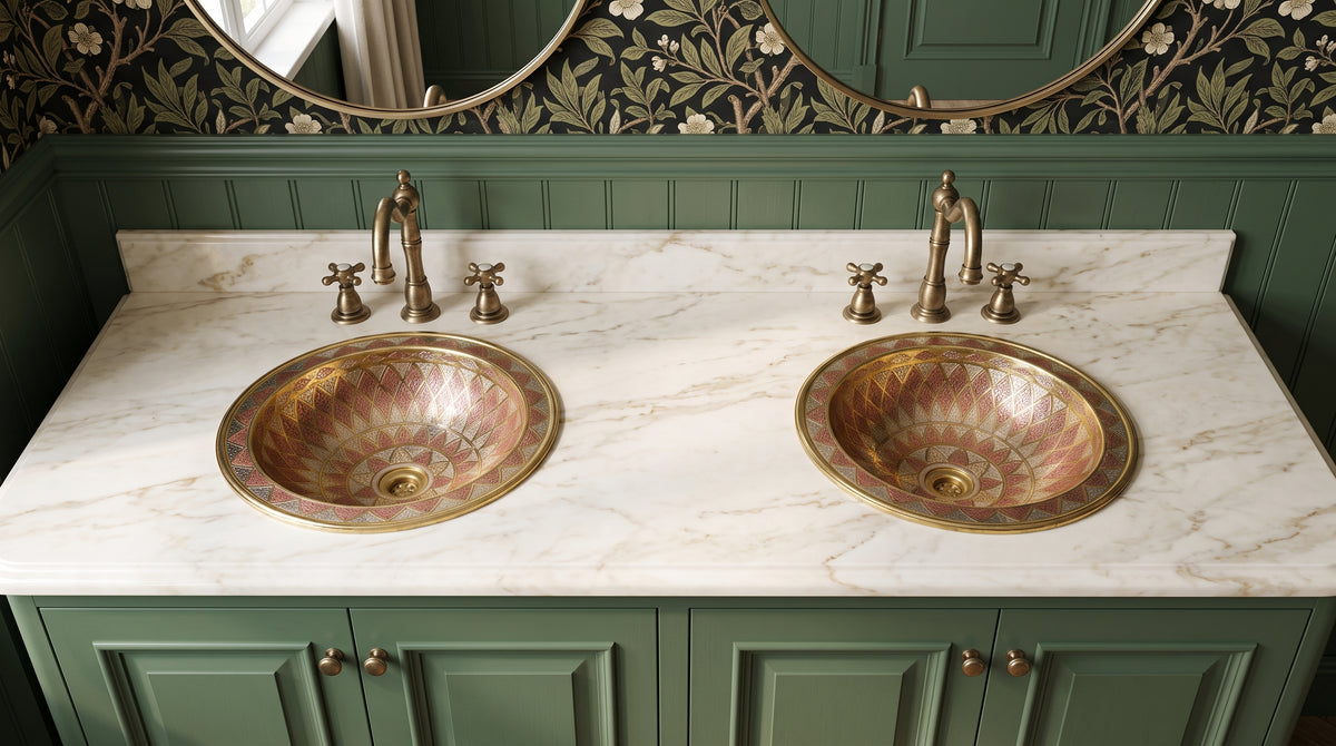 Two geometric brass sinks with copper and silver accents in a white marble double vanity with green cabinets, brass faucets, and oval mirrors.