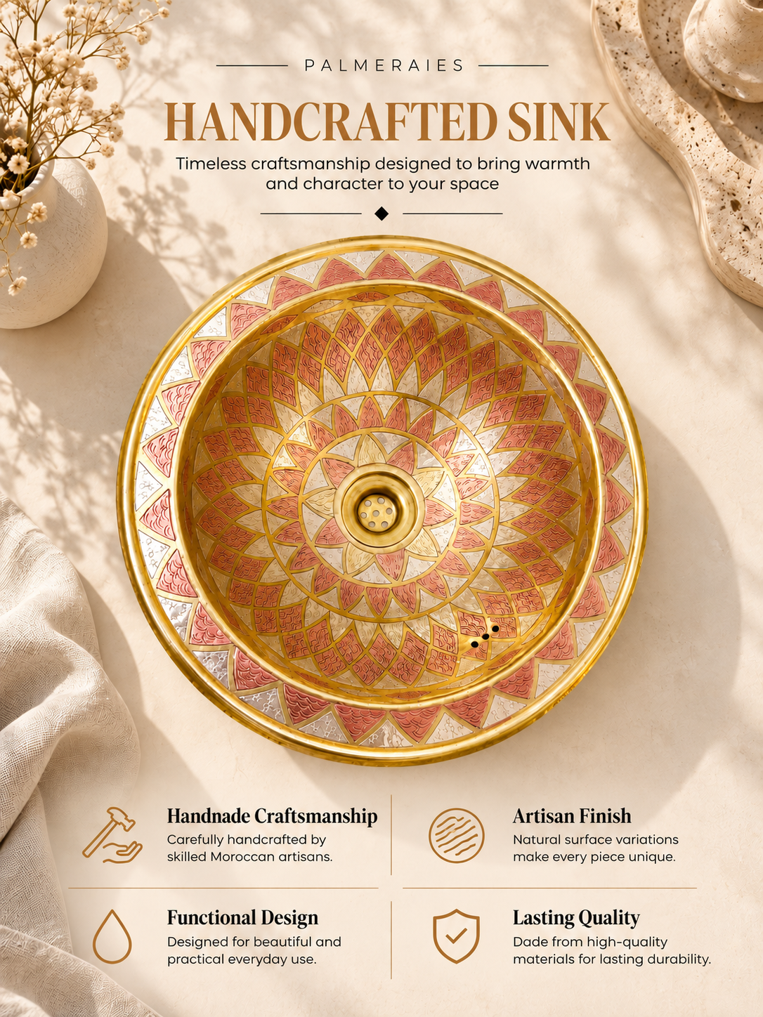 Palmeraies poster featuring a geometric brass sink with copper and silver accents and highlighting Moroccan craftsmanship, artisan finish, functional design, and lasting quality.