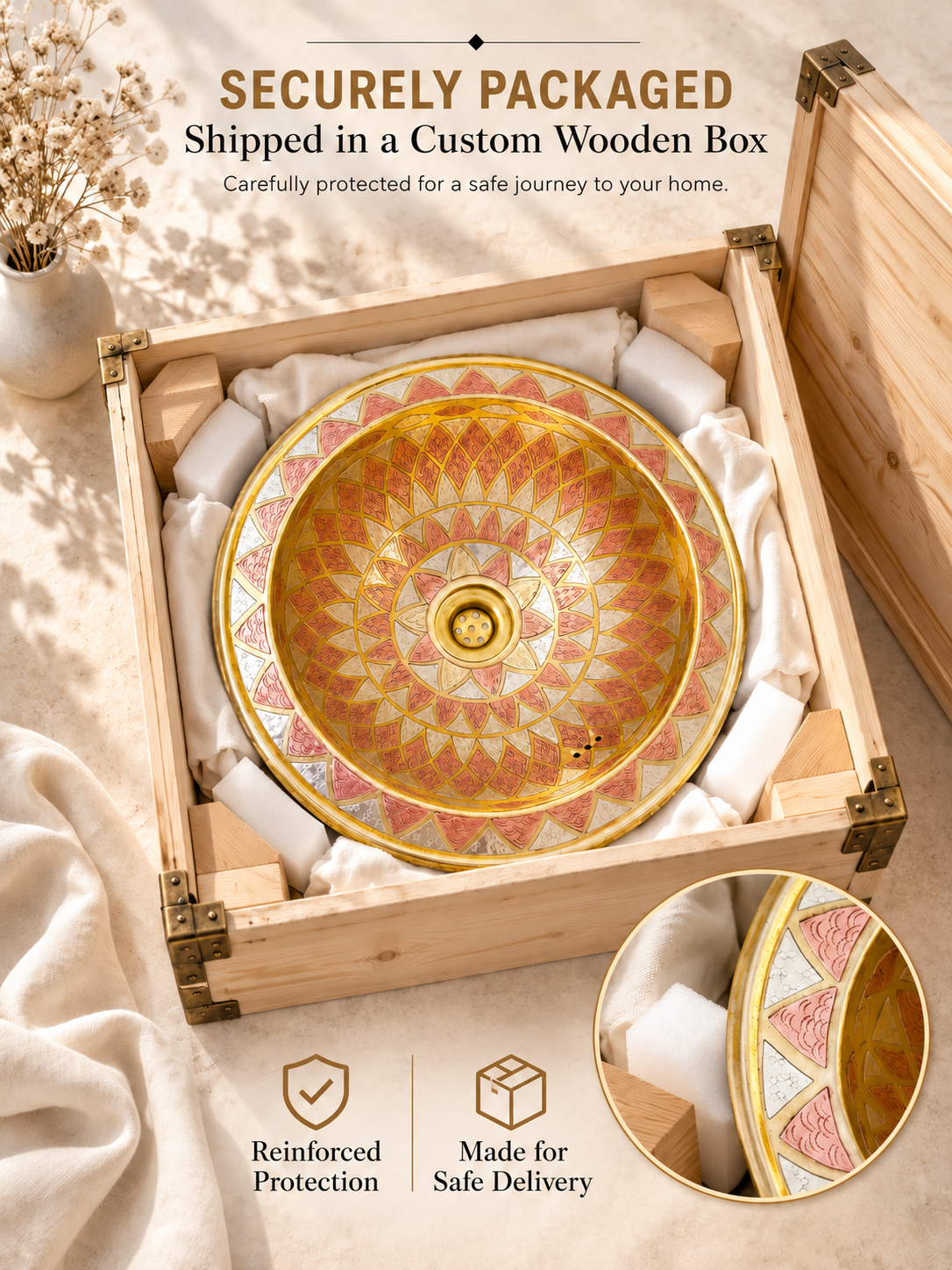 Geometric brass sink with copper and silver accents cushioned inside a wooden shipping box, with text highlighting secure packaging and safe delivery.