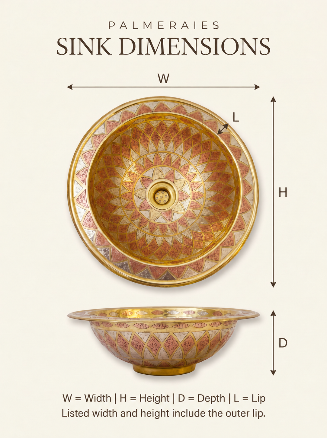 Dimension diagram of a round brass sink with copper and silver geometric patterns, showing top and side views labeled width, height, depth, and lip. Width and height include the outer lip.