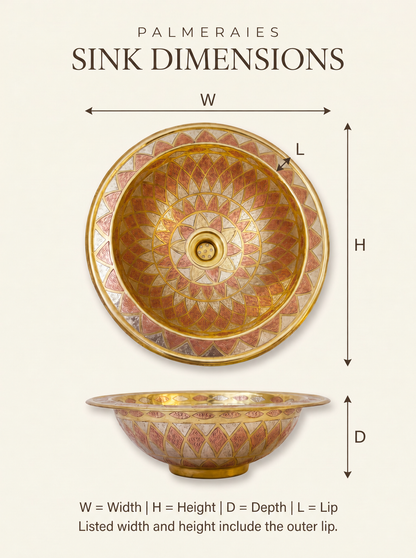 Dimension diagram of a round brass sink with copper and silver geometric patterns, showing top and side views labeled width, height, depth, and lip. Width and height include the outer lip.