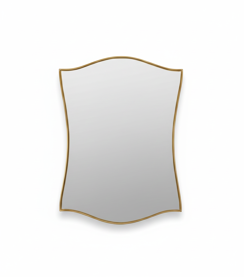 Graceful Shield Mirror with curved brass frame on white background