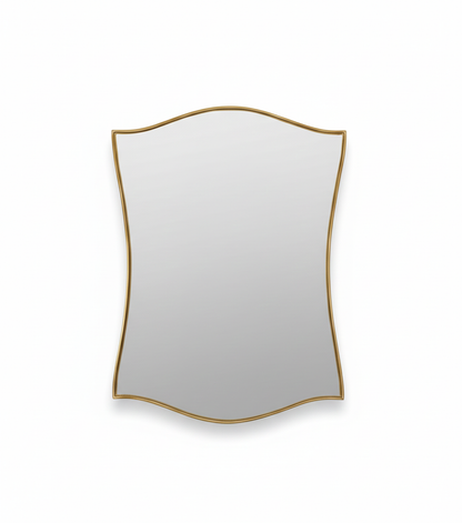 Graceful Shield Mirror with curved brass frame on white background