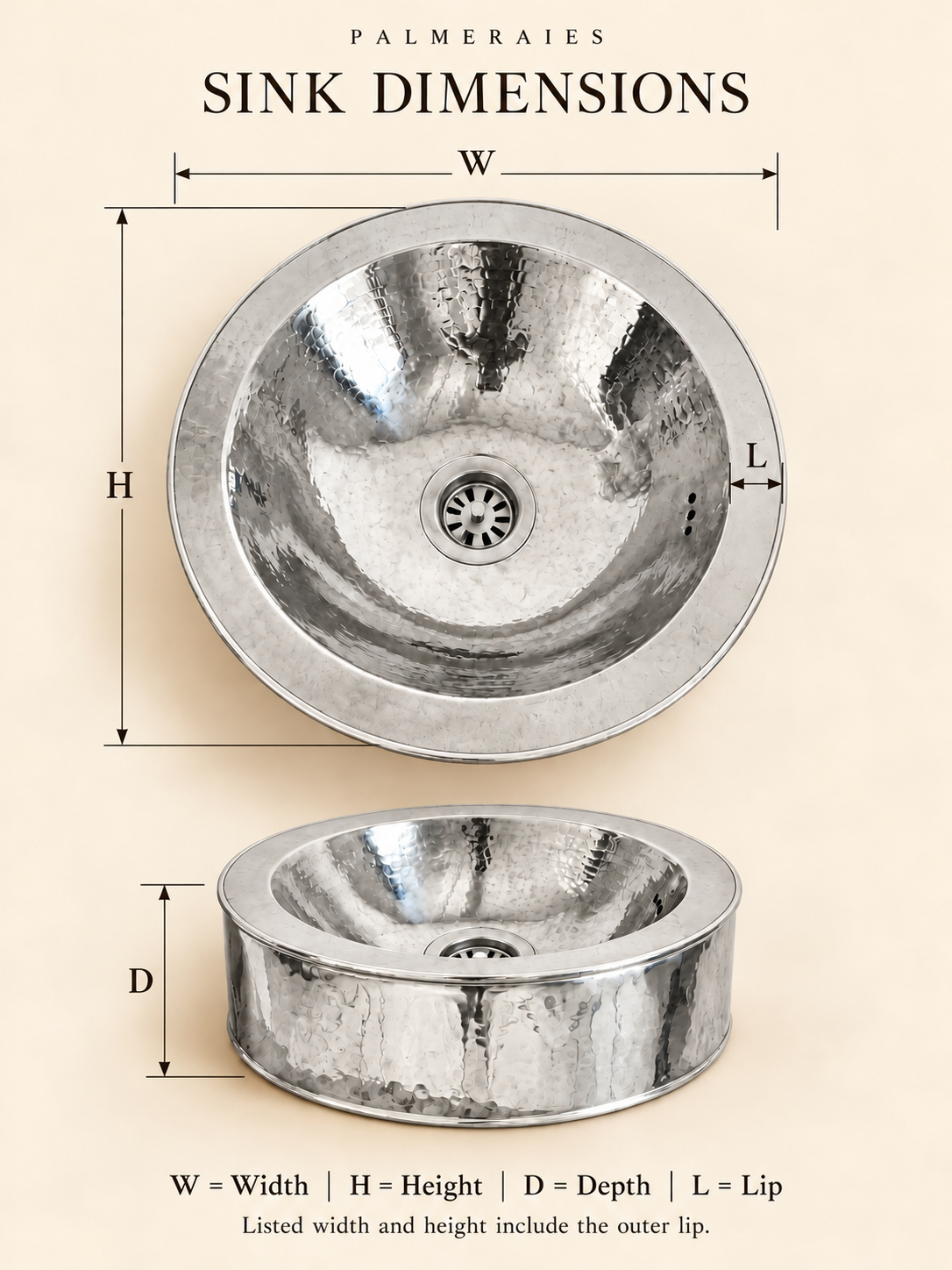 Dimension diagram of a round hammered polished silver sink with a cylindrical exterior and matching drain, showing top and side views labeled width, height, depth, and lip. Width and height include the outer lip.