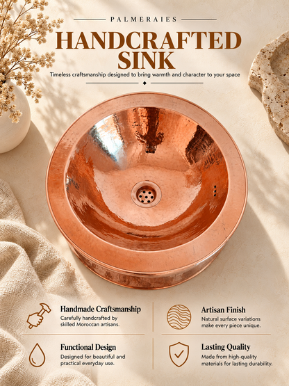 Palmeraies poster featuring a hammered copper vessel sink and highlighting Moroccan craftsmanship, artisan finish, functional design, and lasting quality.