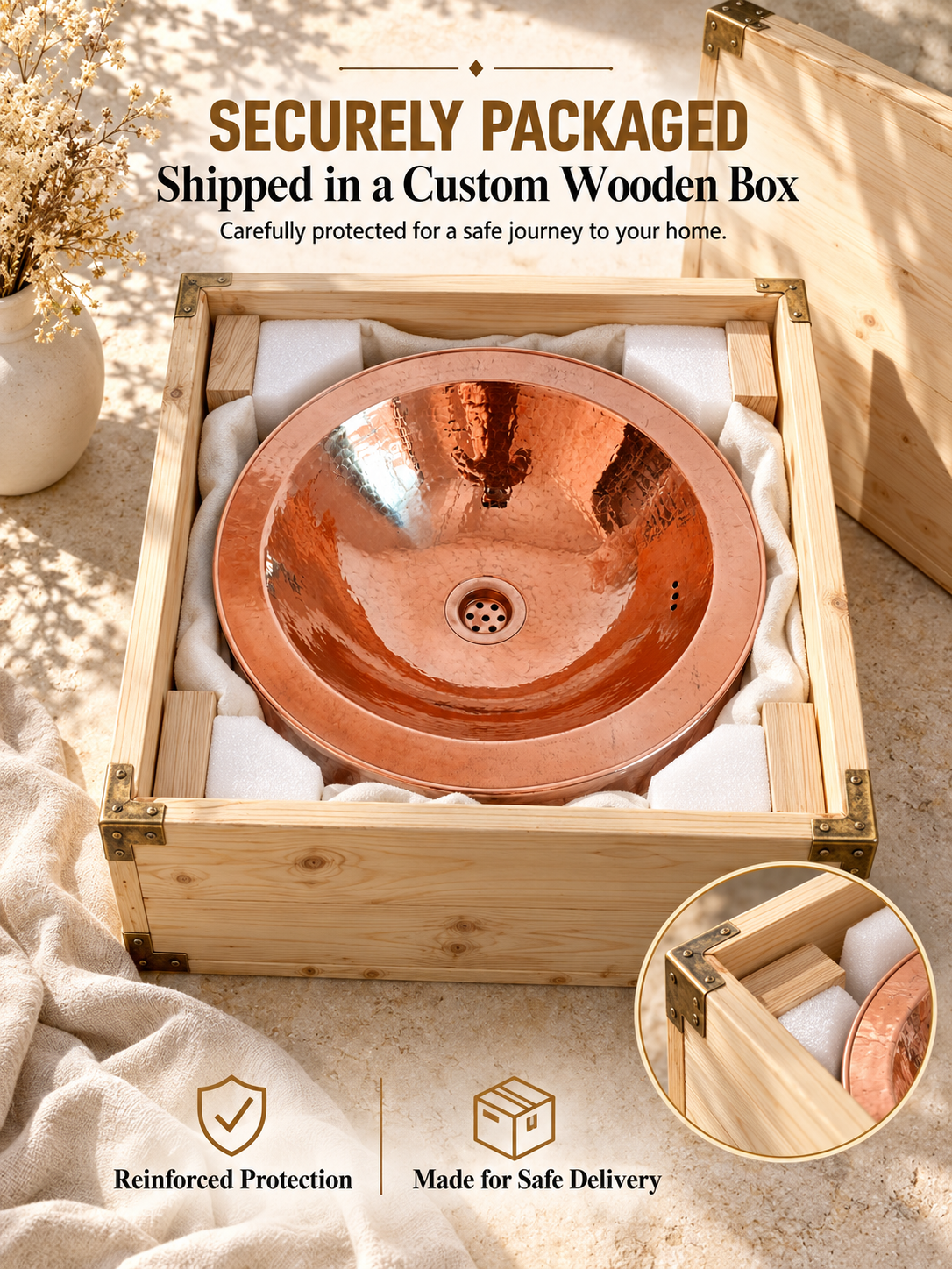Hammered copper vessel sink cushioned inside a reinforced wooden shipping box, with text highlighting secure packaging and safe delivery.