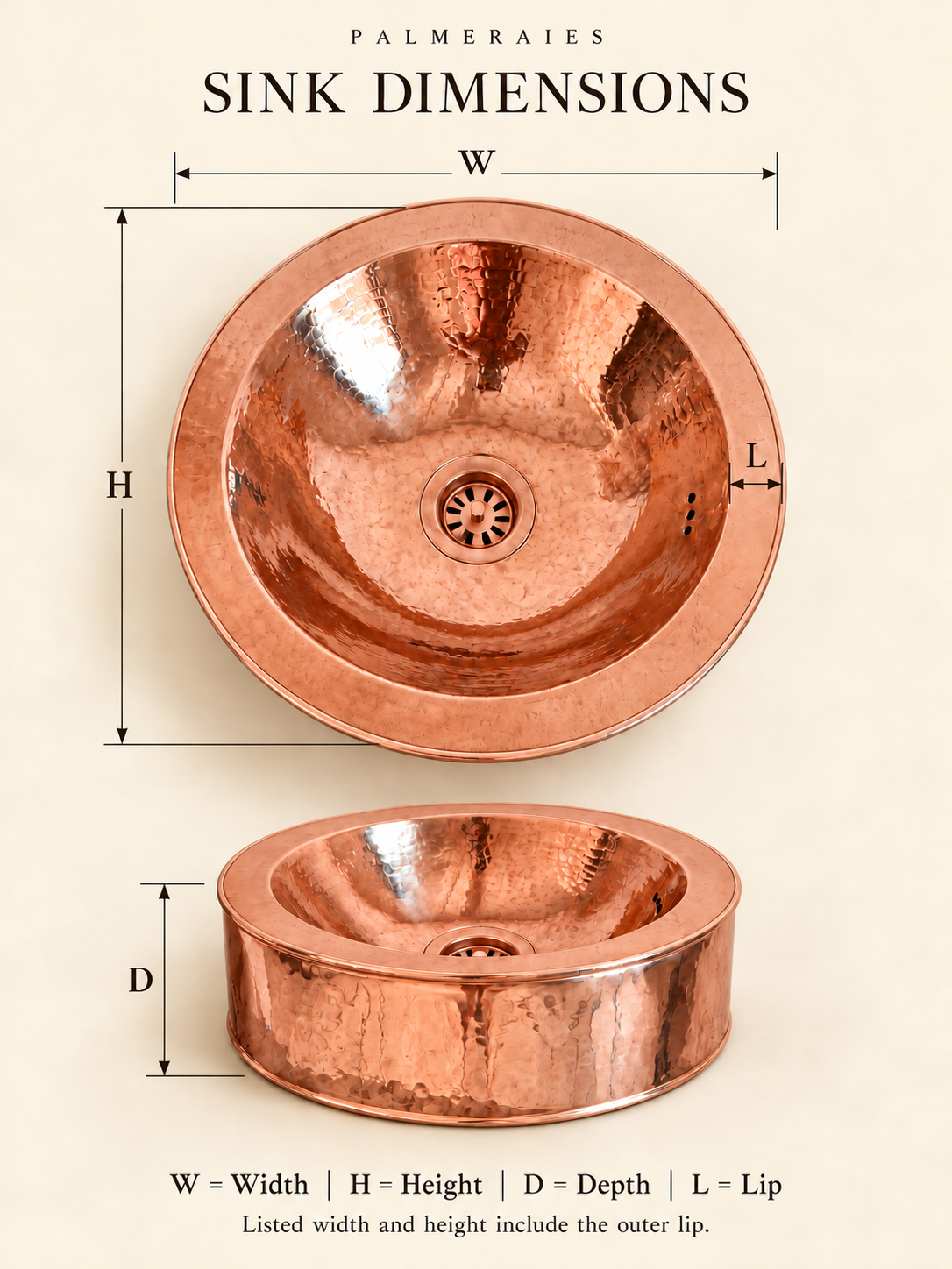 Dimension diagram of a round hammered polished copper sink with a cylindrical exterior and matching drain, showing top and side views labeled width, height, depth, and lip. Width and height include the outer lip.