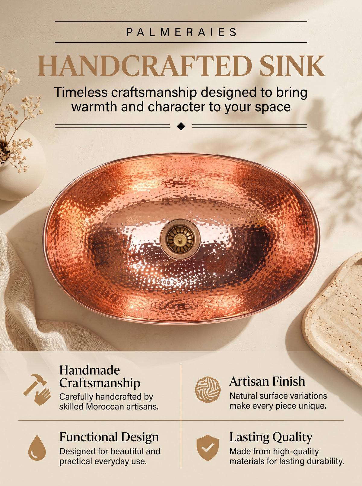 Palmeraies handcrafted sink poster featuring a top view of an oval hammered copper basin and highlighting craftsmanship, finish, design, and quality.