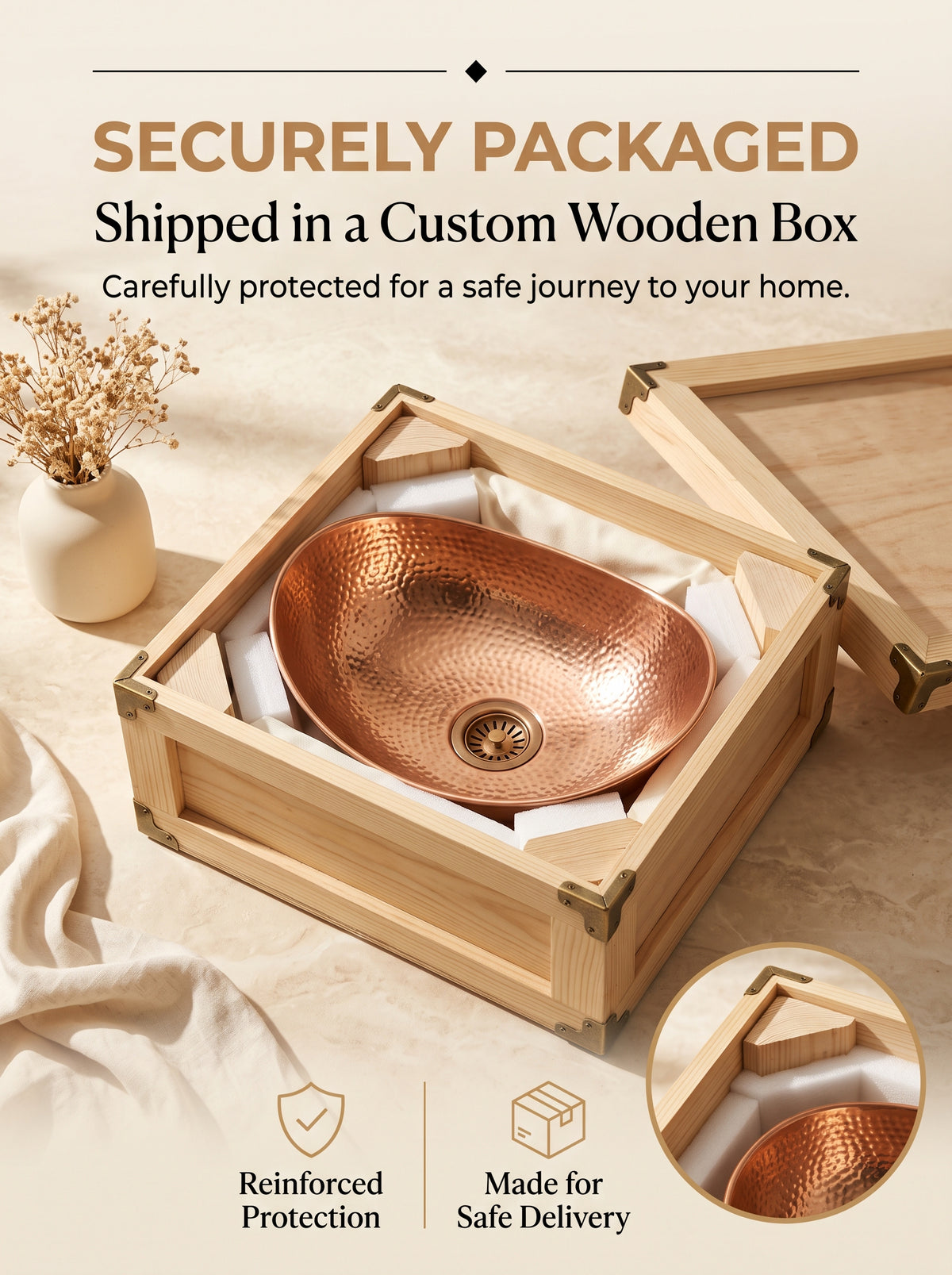 Hammered copper vessel sink nestled in protective white padding inside an open wooden shipping crate beneath “Securely Packaged” text.