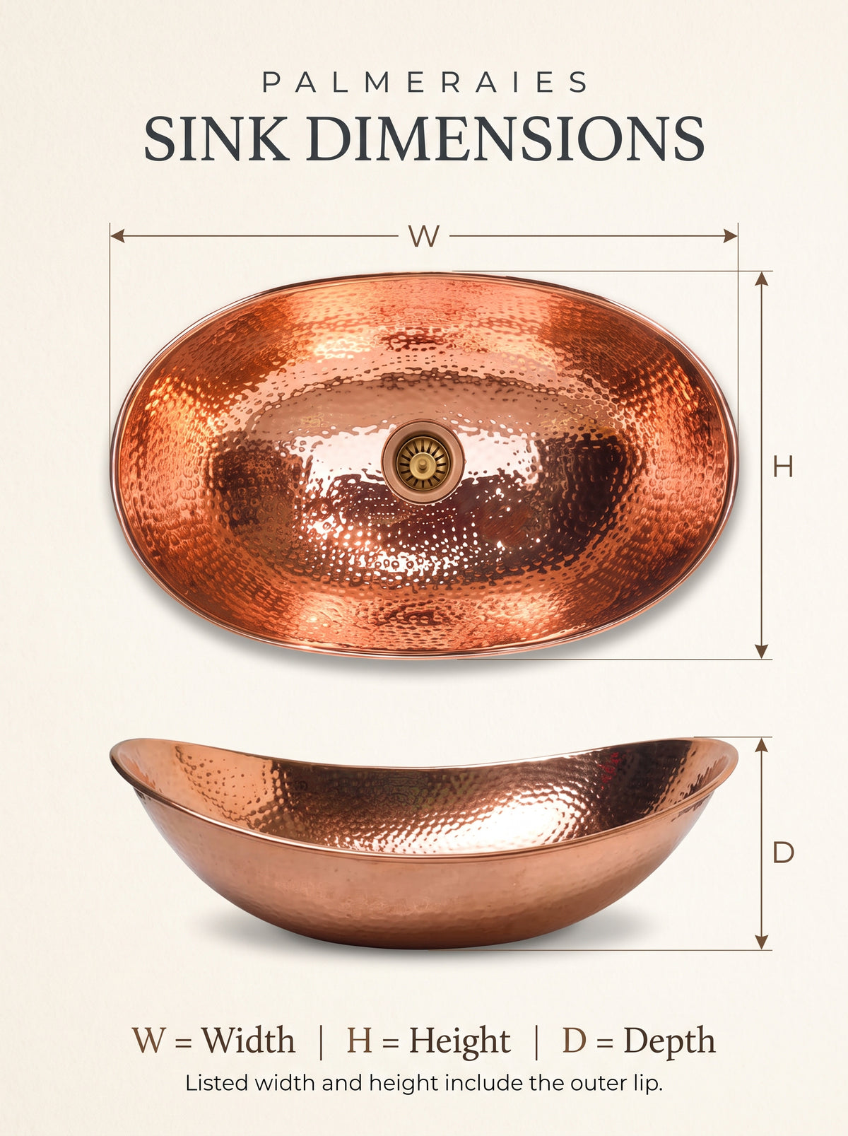 Oval hammered copper sink dimension diagram with top and side views marking width, height, and depth, noting that listed sizes include the outer lip.