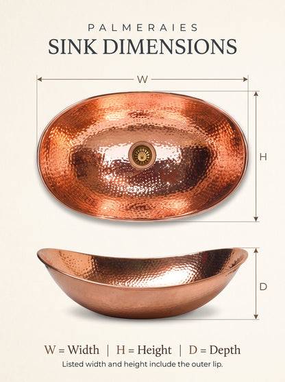 Oval hammered copper sink dimension diagram with top and side views marking width, height, and depth, noting that listed sizes include the outer lip.