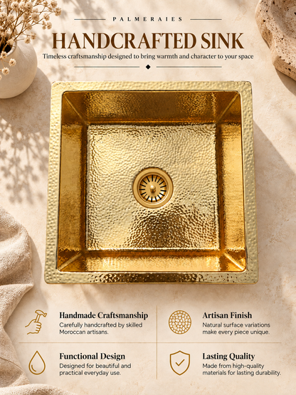 Handcrafted sink poster showing a top view of a hammered gold kitchen sink and highlighting craftsmanship, finish, functional design, and quality.