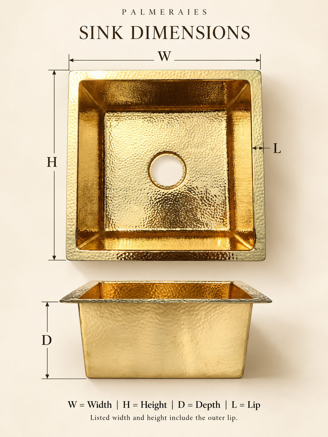 Gold sink dimension diagram with top and side views marking width, height, depth, and lip, noting that listed sizes include the outer lip.