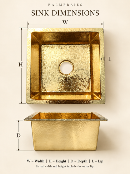 Gold sink dimension diagram with top and side views marking width, height, depth, and lip, noting that listed sizes include the outer lip.