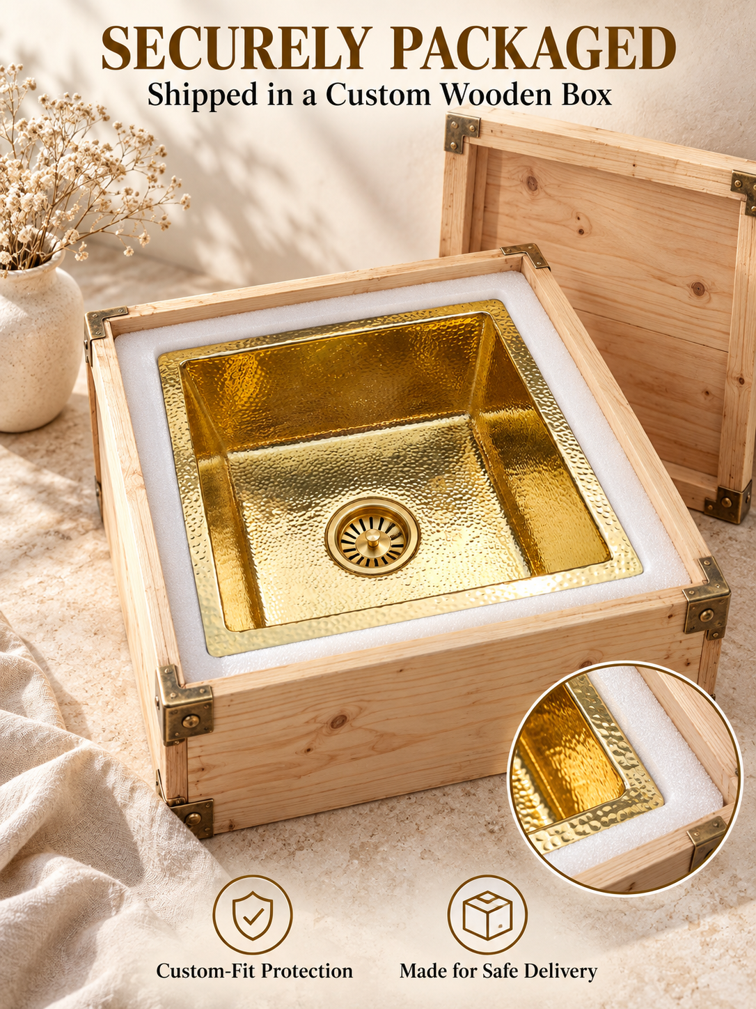 Hammered gold kitchen sink secured in fitted white foam inside an open wooden shipping crate, beneath “Securely Packaged” text.