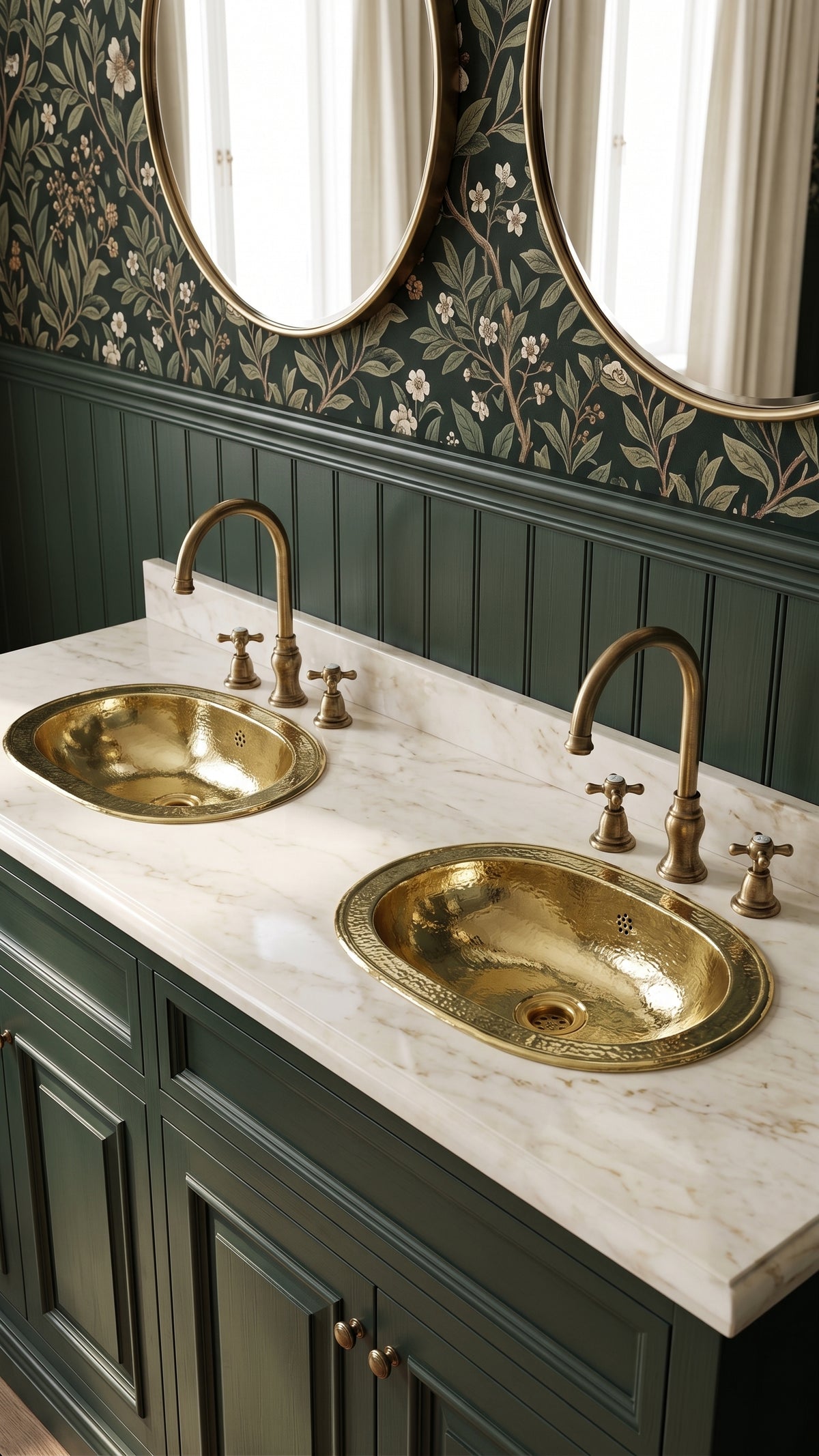 Two oval hammered brass sinks in a white marble double vanity with brass faucets, dark green cabinets, floral wallpaper, and oval mirrors.