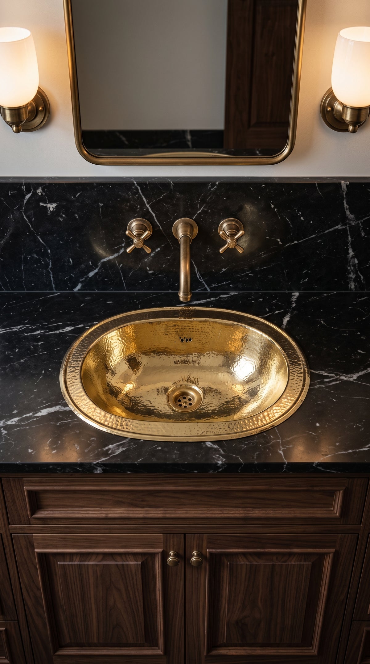 Oval hammered brass sink in a black marble vanity with a wall-mounted brass faucet, walnut cabinet, brass-framed mirror, and two illuminated sconces.