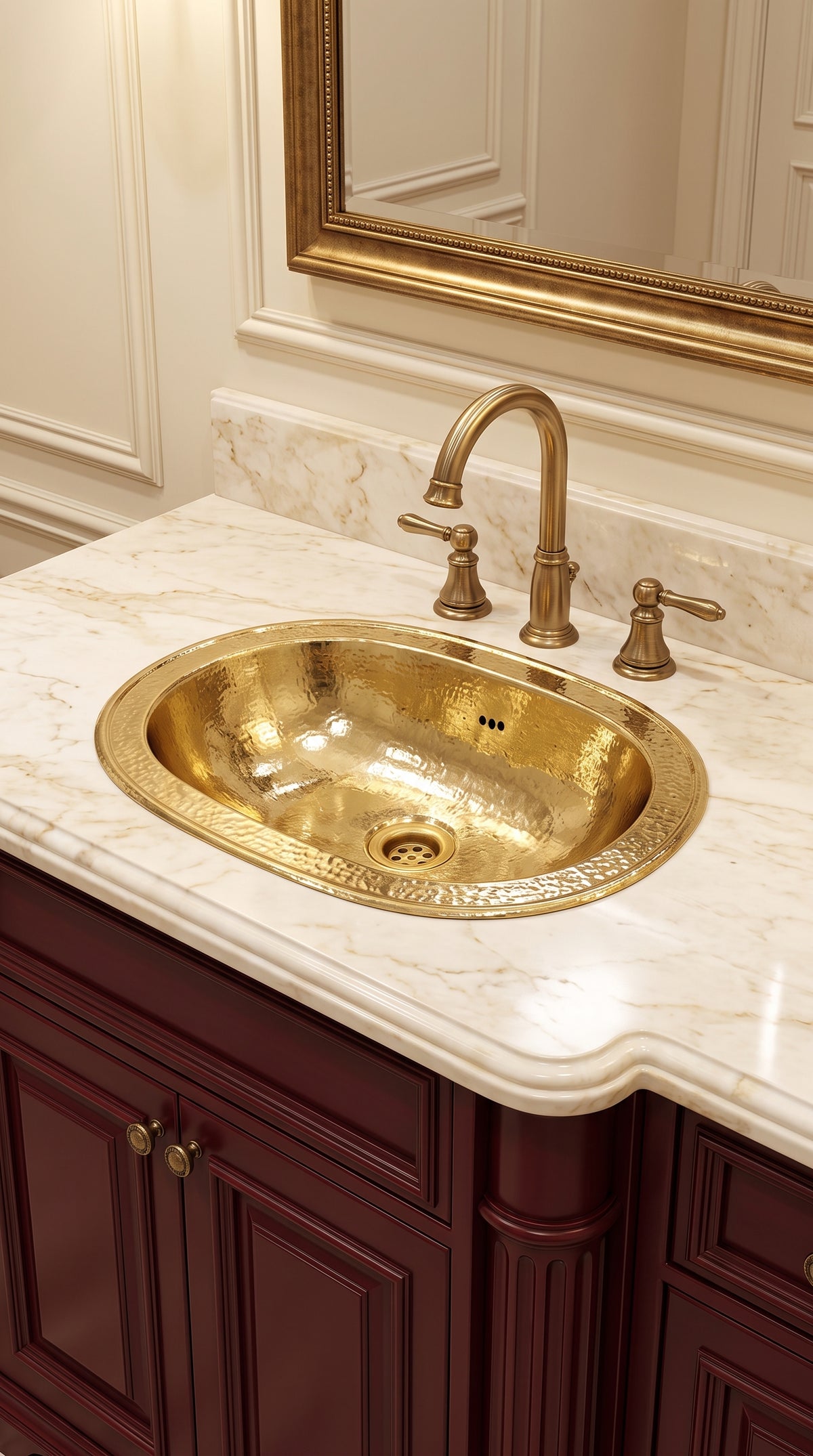Oval hammered brass sink with three overflow holes in a cream marble countertop, paired with a brass faucet, burgundy cabinet, and gold-framed mirror.