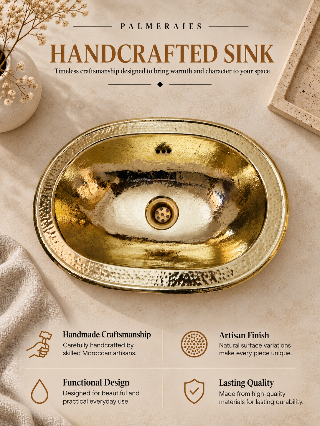 Palmeraies poster featuring an oval hammered brass sink and highlighting handmade craftsmanship, artisan finish, functional design, and lasting quality.