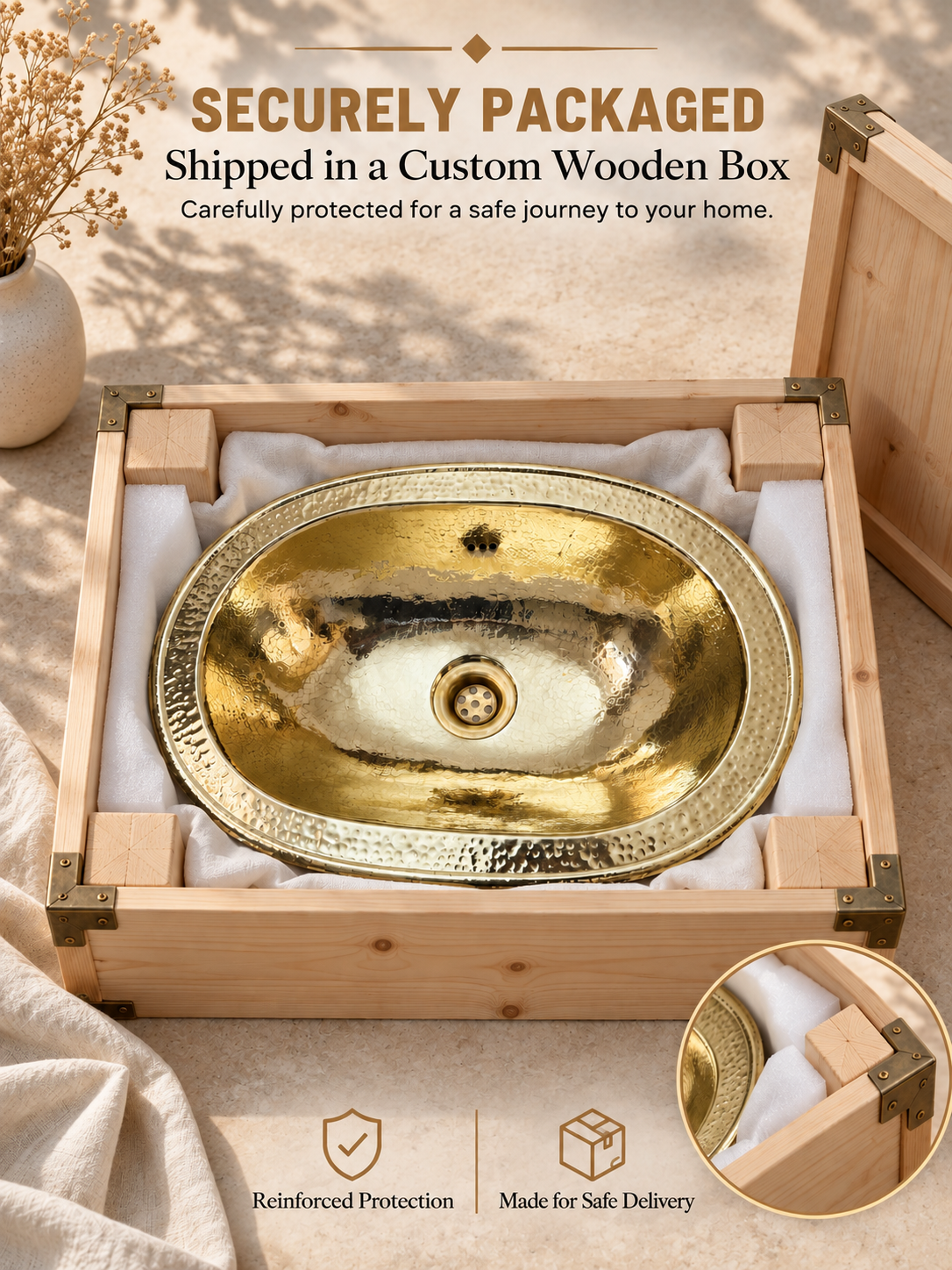 Oval hammered brass sink protected by fabric and foam inside an open wooden box, with text highlighting secure packaging and safe delivery.