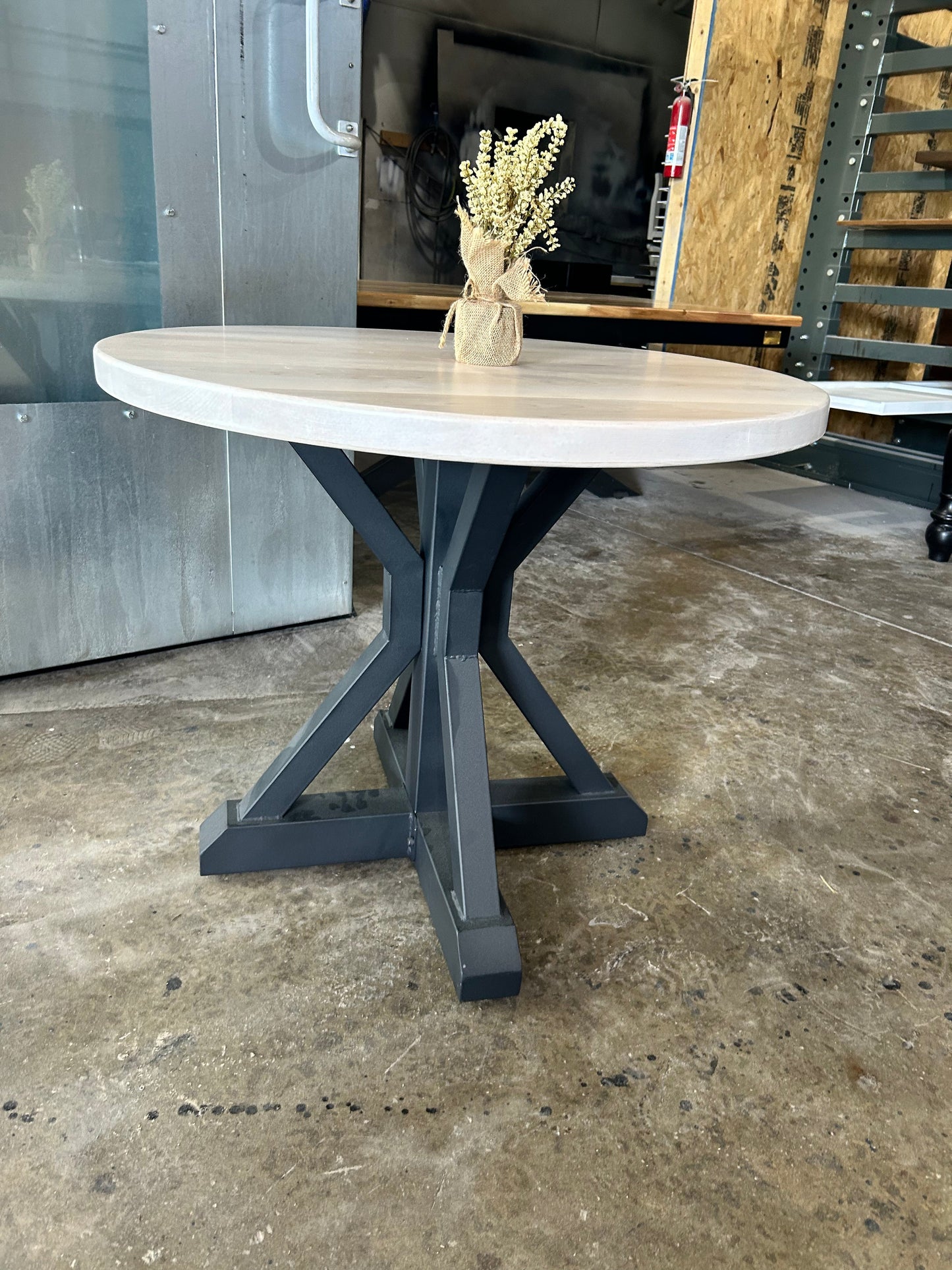 Round Dining Table 36 Inch With Maple Top And Black Metal Base