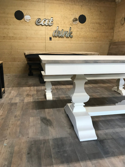 Herringbone Dining Table In Solid Wood With Custom Finish And Distressing Options