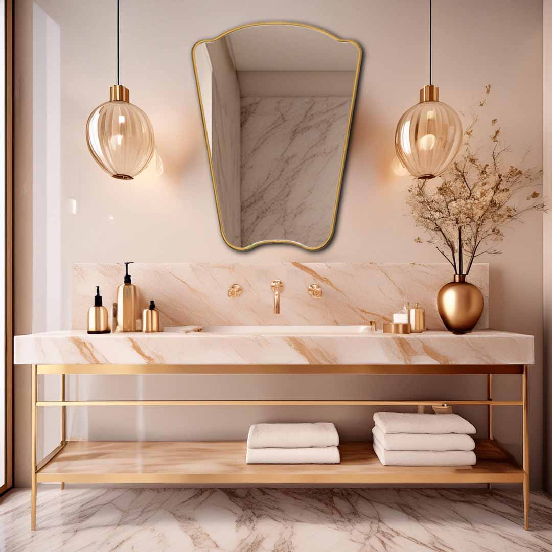 Irregular Mirror hanging on bathroom  , brass faucet and sink 