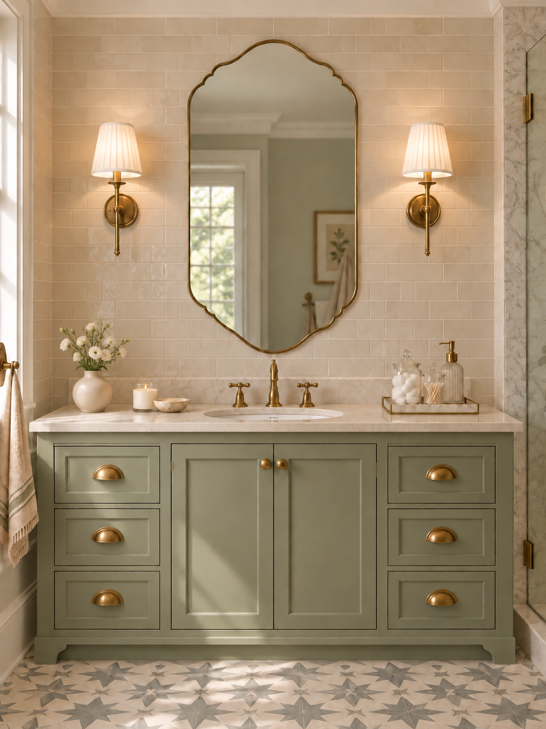 A styled bathroom vanity featuring a sage green cabinet with brass hardware, a white marble countertop, an oval gold-framed mirror, and matching wall sconces.