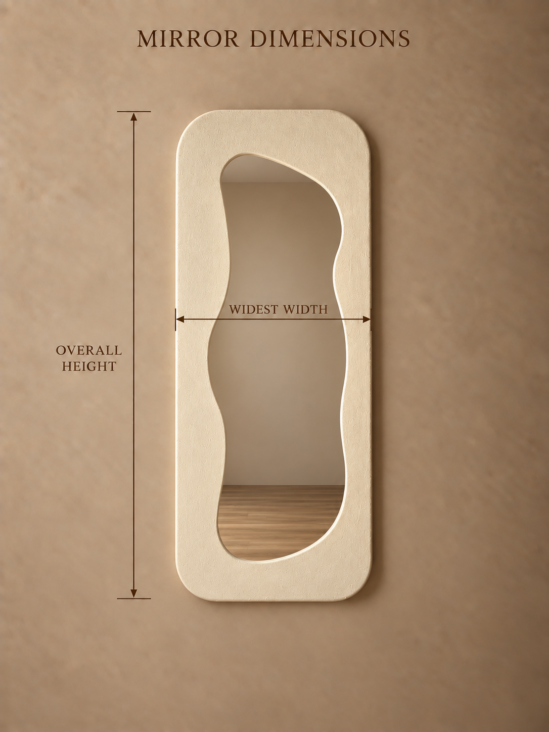 A beige wall mirror with an organic, asymmetrical wavy outline, shown with dimension lines indicating overall height, widest width, and a measurement label at the top reading 'MIRROR DIMENSIONS'.
