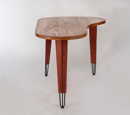 Wooden side table with a patterned top on a white background