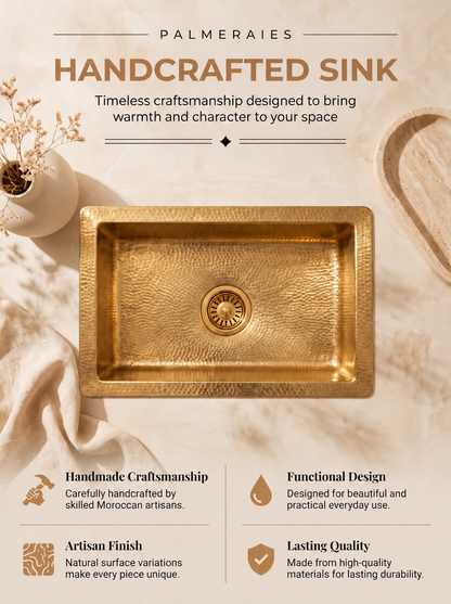 Handcrafted brass sink poster showing a rectangular hammered basin with captions highlighting Moroccan craftsmanship, artisan finish, functional design, and lasting quality.