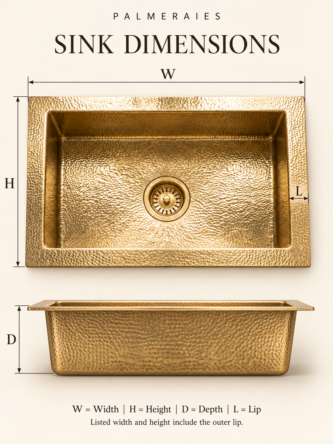 Dimension diagram of a rectangular hammered brass sink, showing top and side views labeled width, height, depth, and lip. Width and height include the outer lip.