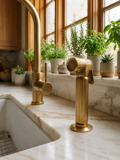 Close-up of an unlacquered brass kitchen side sprayer installed next to a matching brass faucet on a marble countertop with potted herbs by a sunlit window.