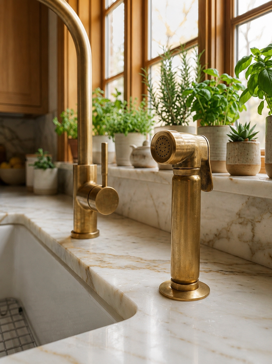 Close-up of an unlacquered brass kitchen side sprayer installed next to a matching brass faucet on a marble countertop with potted herbs by a sunlit window.