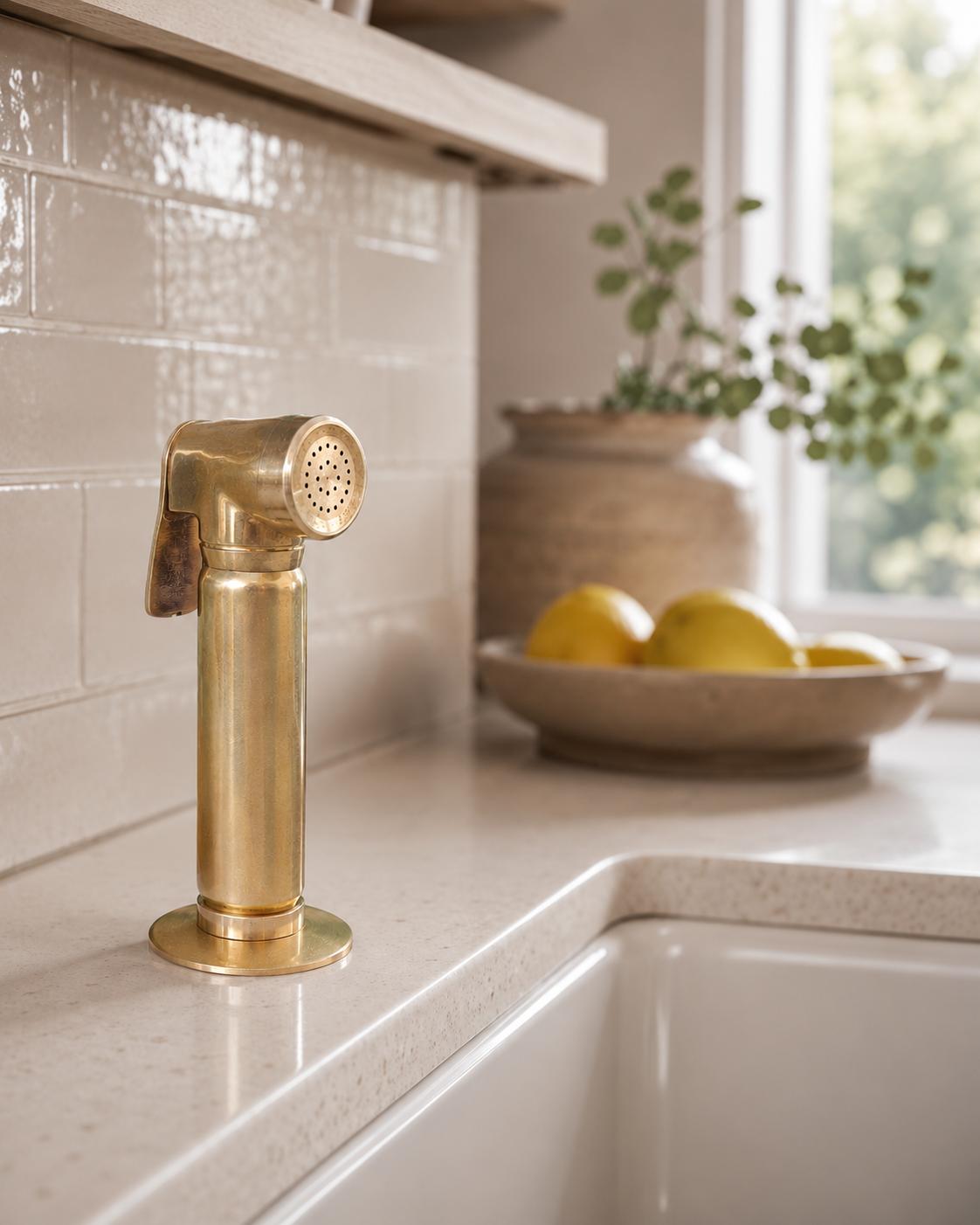 Luxury unlacquered brass kitchen side sprayer installed beside a white farmhouse sink on a light quartz countertop with lemons and ceramic décor.
