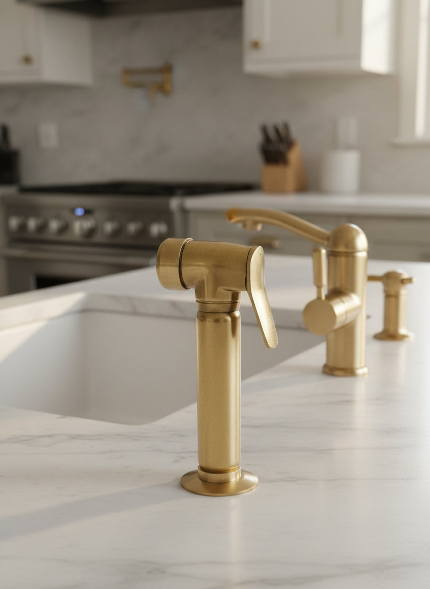 Modern brushed brass kitchen side sprayer installed beside a matching brass faucet on a white marble island in a contemporary luxury kitchen.