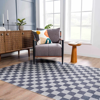 Blue and Gray Washable Checkered Rug - Stylish Home Decor Accent