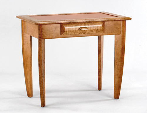 Wooden desk with a single drawer on a white background