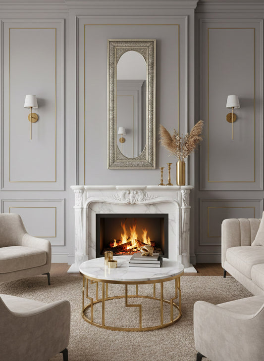 Living room with a fireplace, mirror, and decorative items.