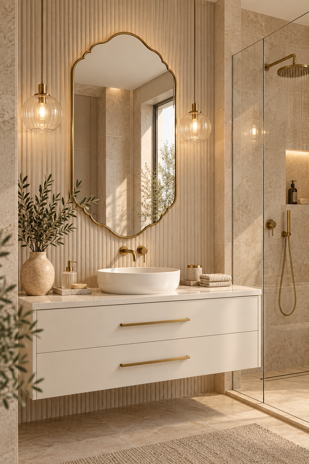 A modern bathroom vanity with a white floating cabinet, round vessel sink, large arched gold-framed mirror, and warm wall sconces. A glass shower enclosure is visible to the right, and the space is styled with beige stone textures, brass hardware, and small decorative plants.