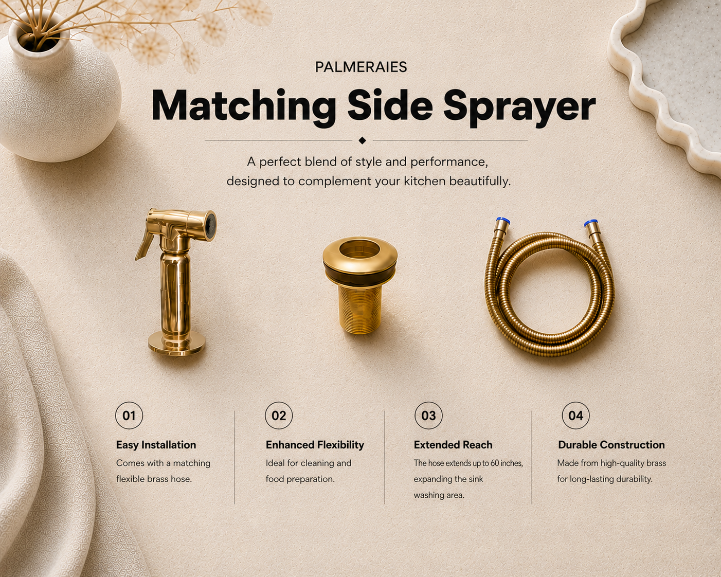 Solid brass matching kitchen side sprayer kit including sprayer head, deck flange, and flexible brass hose for bridge kitchen faucets.