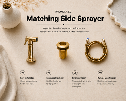Solid brass matching kitchen side sprayer kit including sprayer head, deck flange, and flexible brass hose for bridge kitchen faucets.