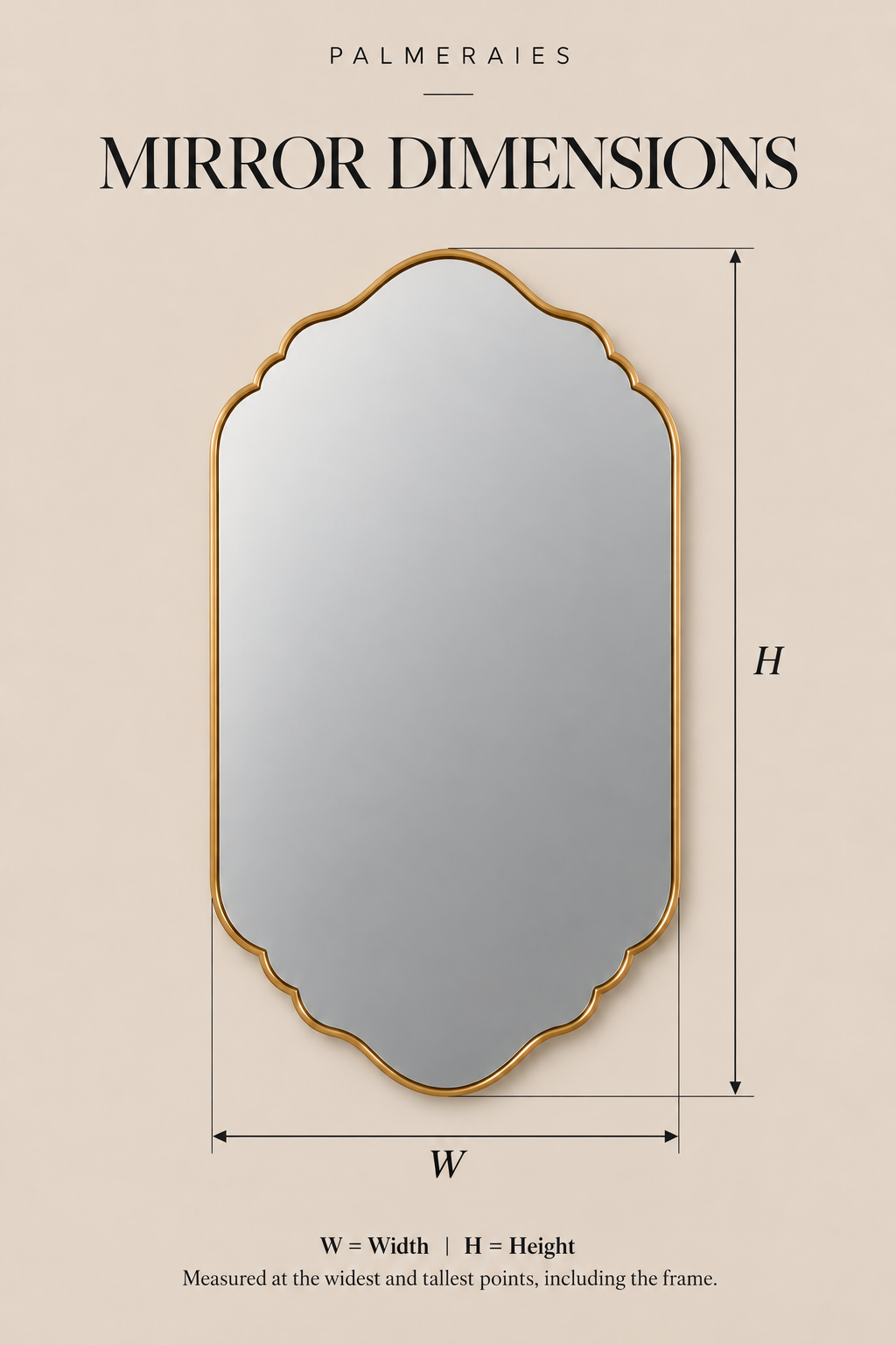 Mirror dimensions diagram showing a scalloped gold-framed wall mirror with labeled width (W) and height (H) measurements on a beige background under the heading 'MIRROR DIMENSIONS'.