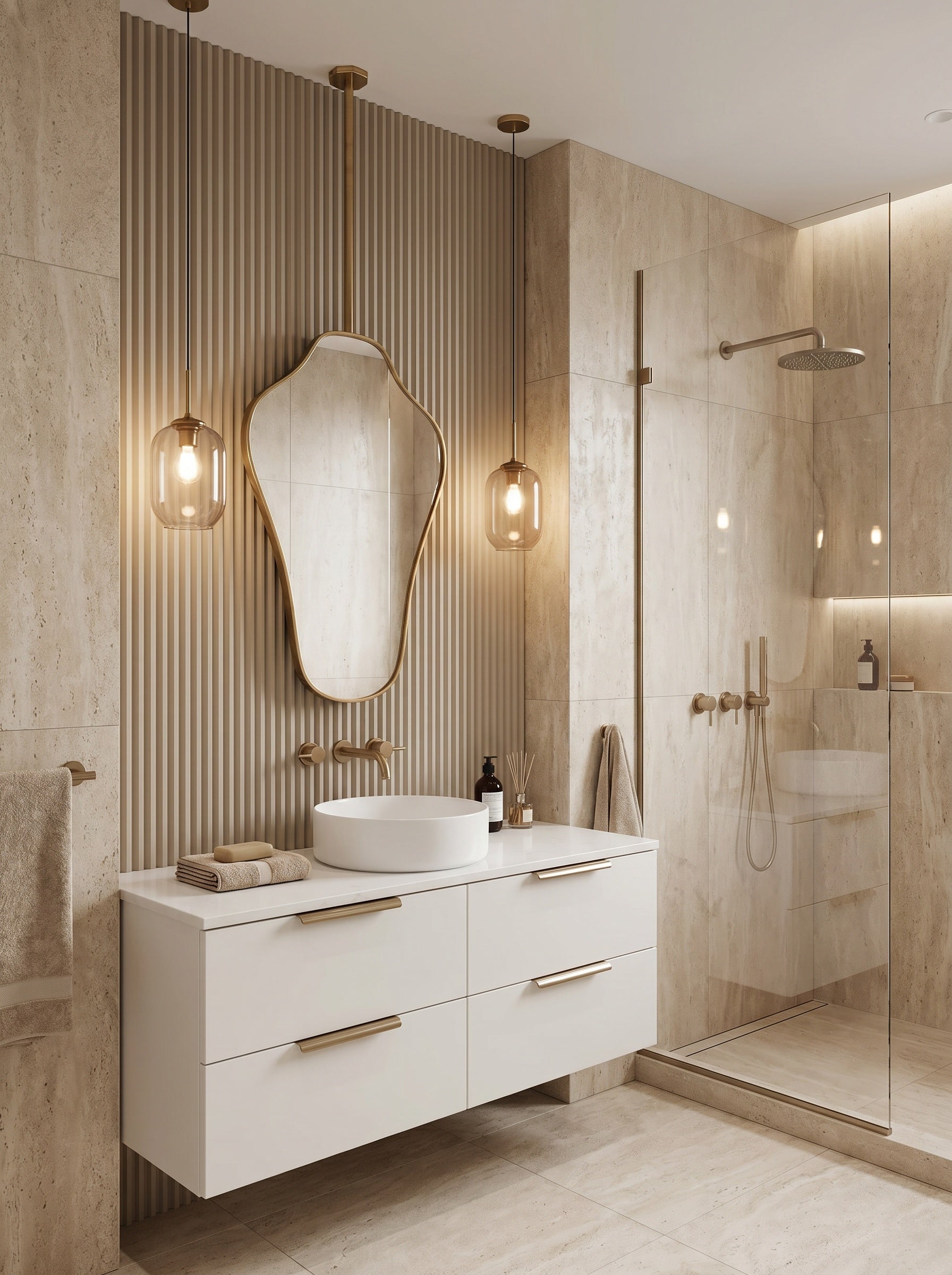 Organic brass hanging mirror suspended above a modern bathroom vanity with fluted wall panels.