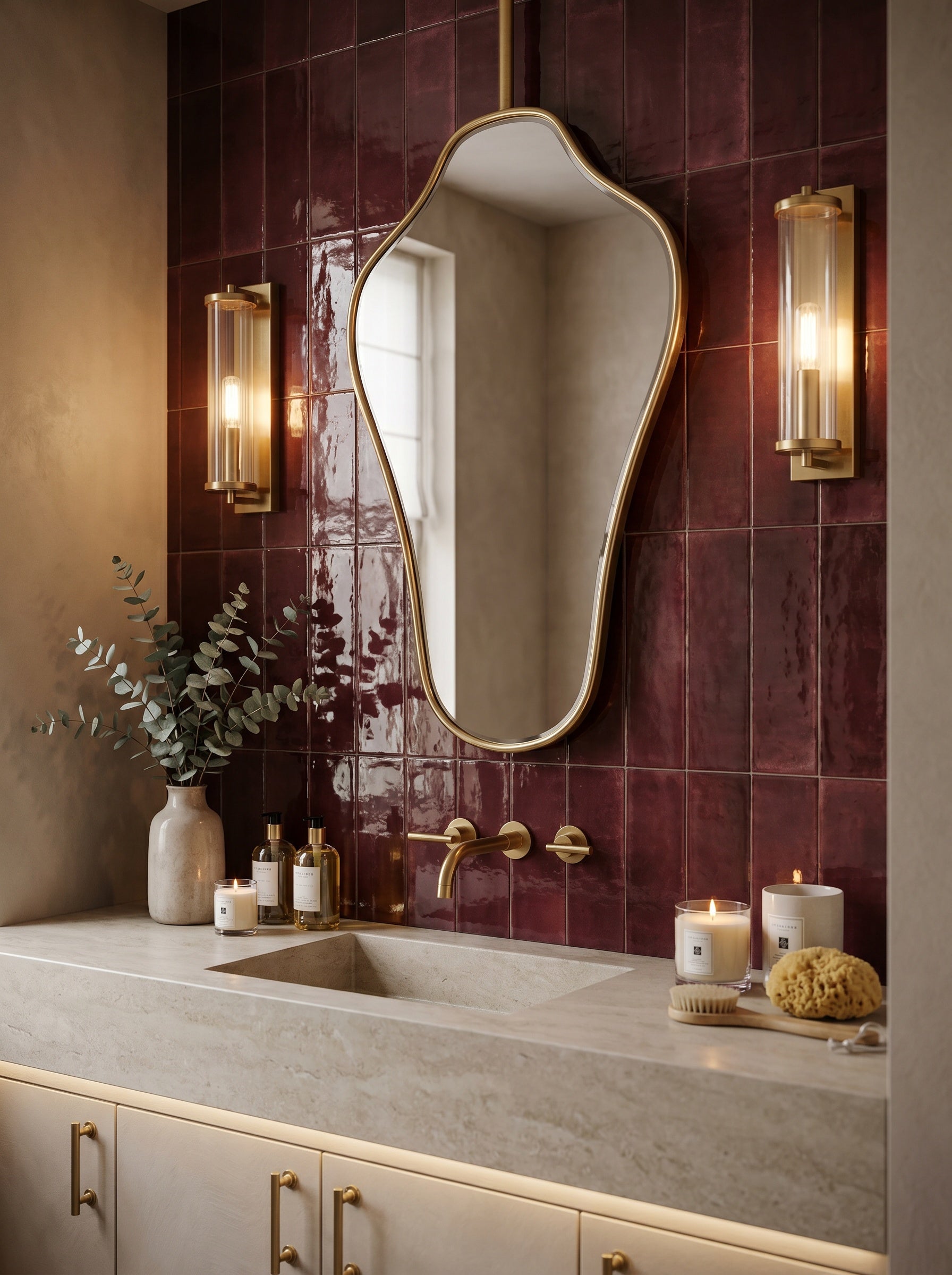Sculptural brass vanity mirror with organic silhouette against deep burgundy tile walls.