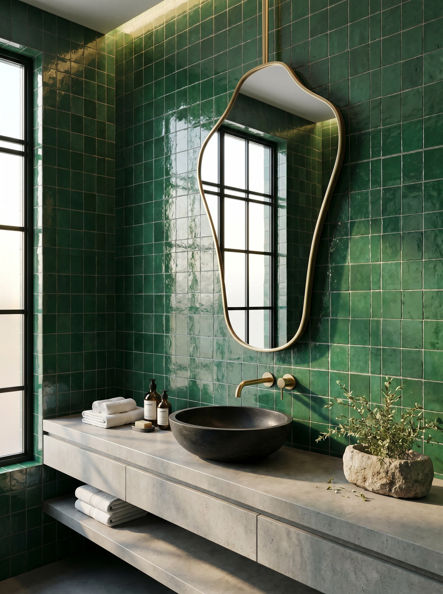 Handmade organic brass mirror suspended above a stone vanity in a green tiled bathroom.