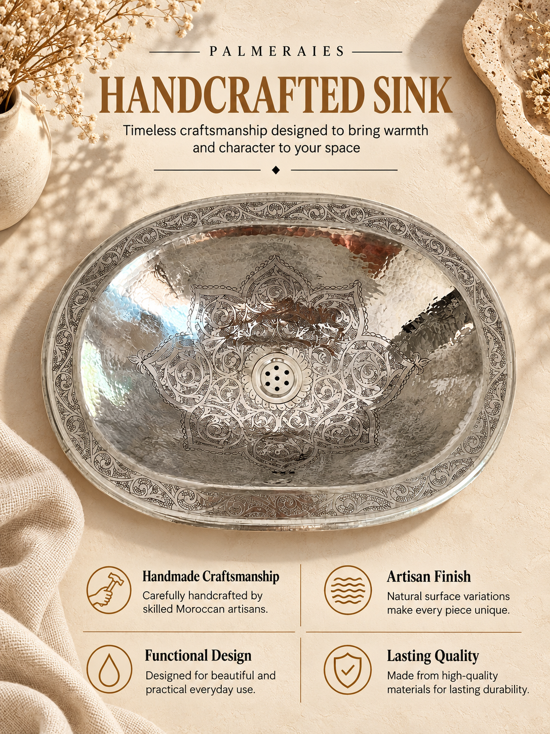 Palmeraies poster featuring an engraved oval silver sink and highlighting Moroccan craftsmanship, artisan finish, functional design, and lasting quality.