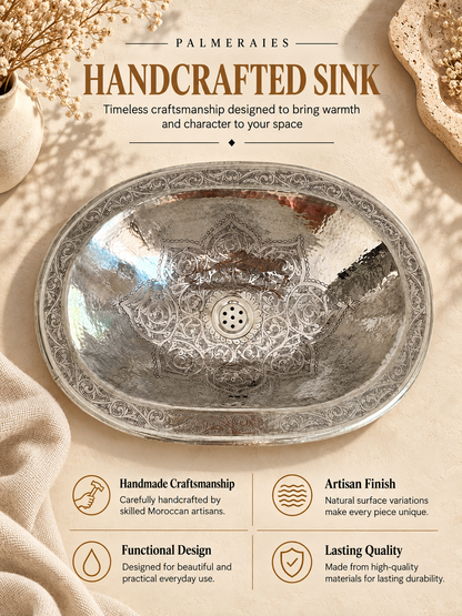 Palmeraies poster featuring an engraved oval silver sink and highlighting Moroccan craftsmanship, artisan finish, functional design, and lasting quality.