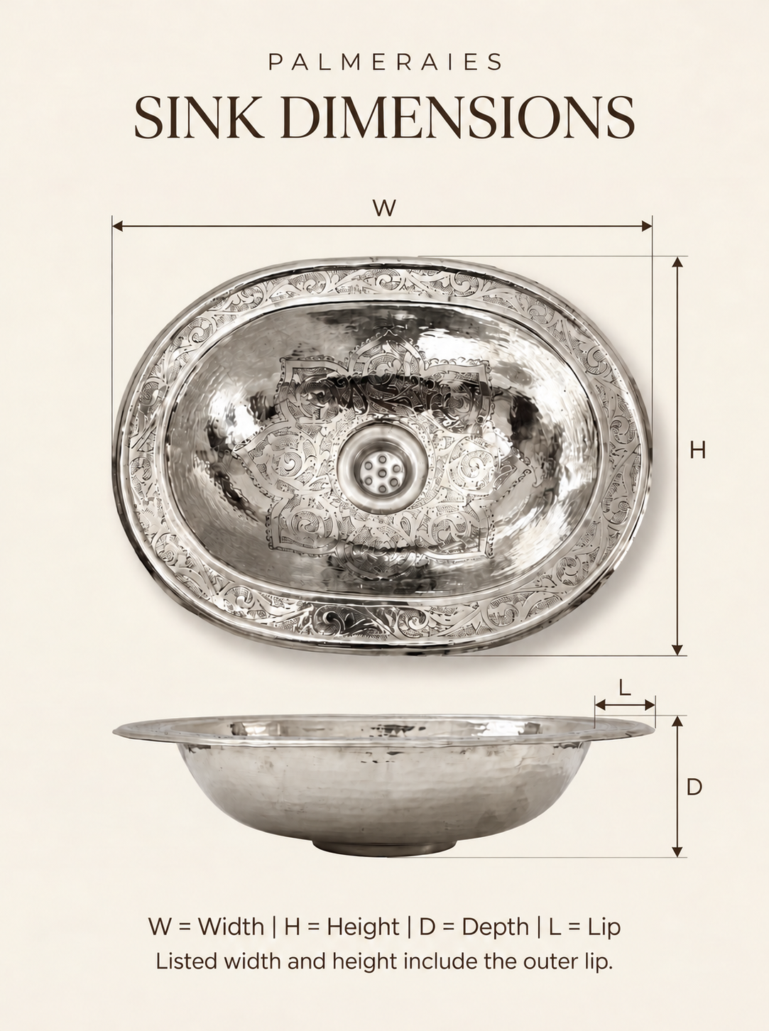 Dimension diagram of an engraved oval polished silver sink, showing top and side views with width, height, depth, and lip labels. Listed width and height include the outer lip.
